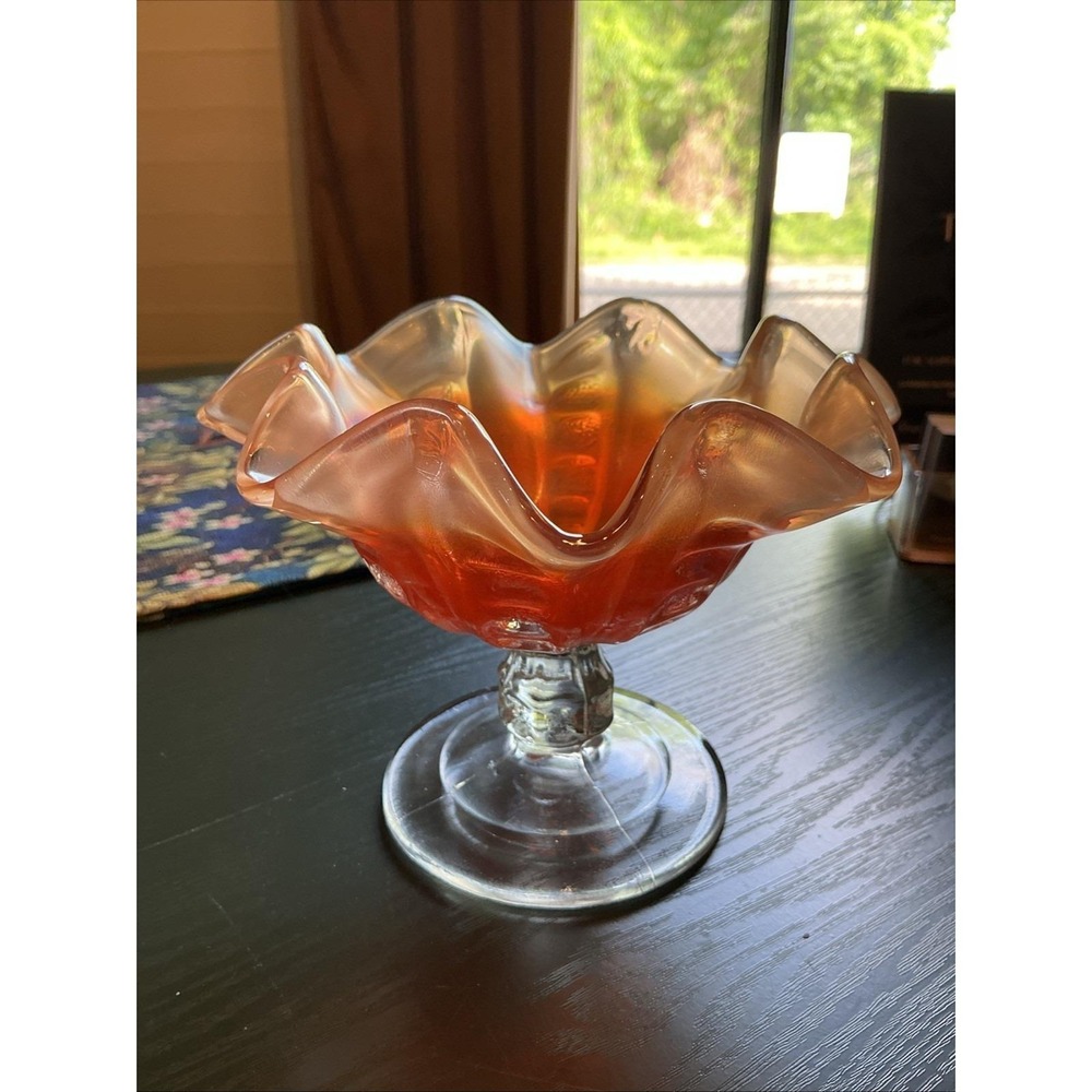 Vintage Dugan Coin Spot-Dot Rib Carnival Glass Compote Dish Iridescent